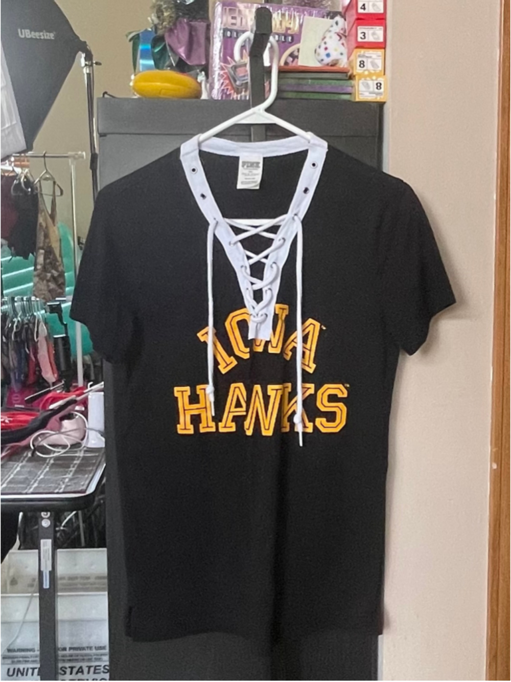 Women's PINK Victoria's Secret Iowa Hawks Lace-Up T-Shirt Black Yellow XS